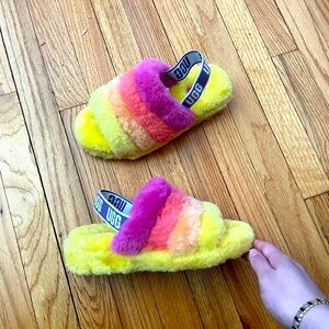 NWOT Rainbow Fluff Yeah Sheepskin Slingback Colorful Bright Coquette Fuzzy Pop